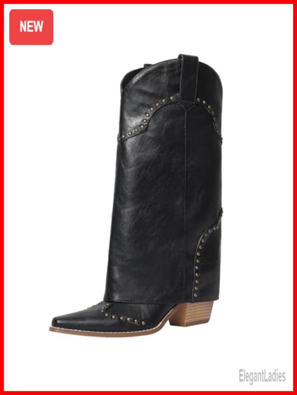 Faux Leather Knee High Cowboy Boots Fold Over Block Heel Pull-On